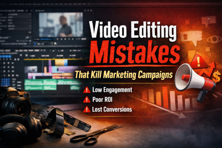 Banner showing Video Editing Mistakes that hurt marketing campaigns, featuring editing software timeline, camera equipment, and declining ROI graphics