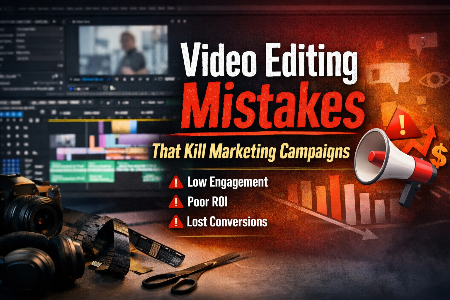 Banner showing Video Editing Mistakes that hurt marketing campaigns, featuring editing software timeline, camera equipment, and declining ROI graphics