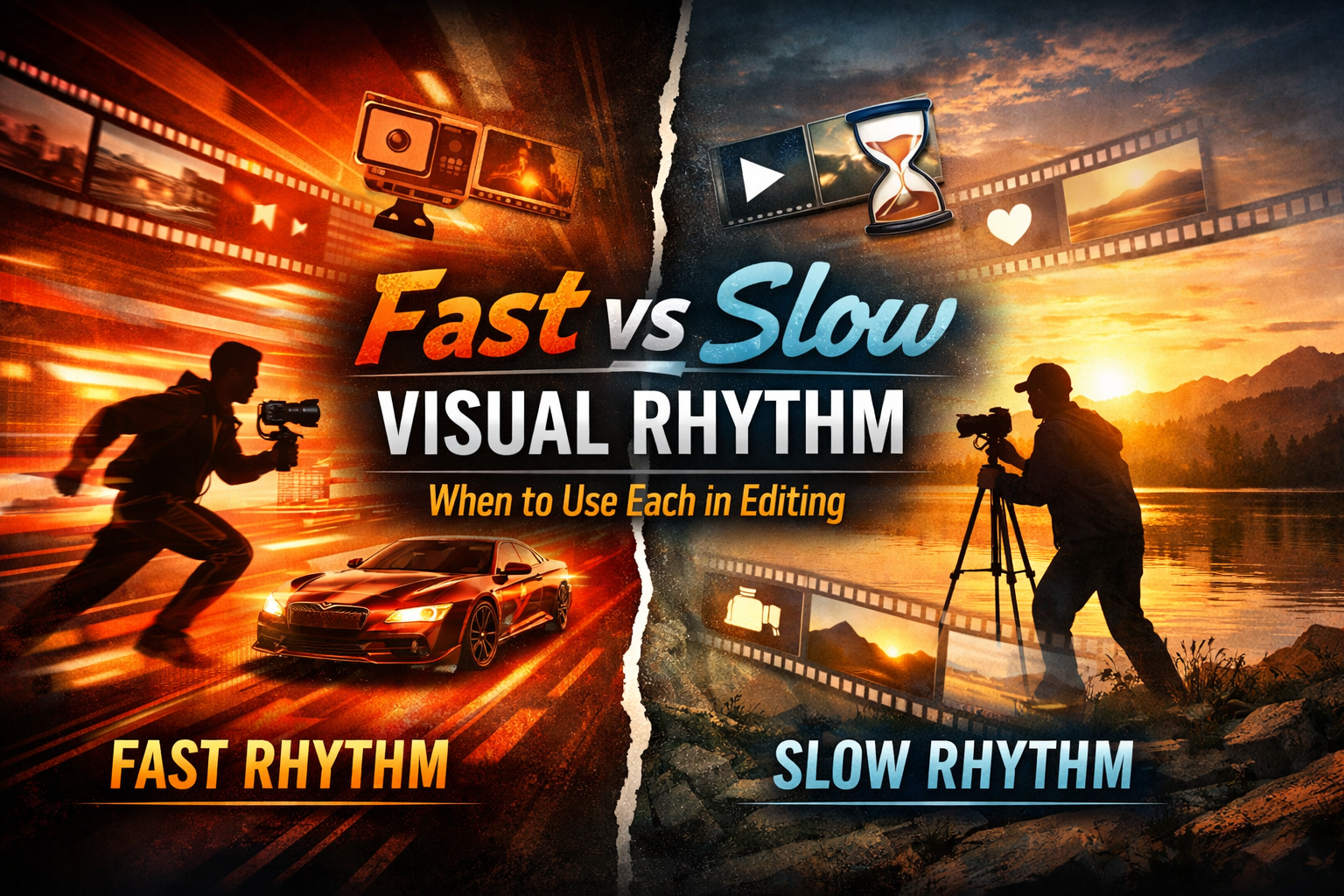 Fast vs slow video rhythm comparison showing high-energy fast editing and calm cinematic slow editing styles