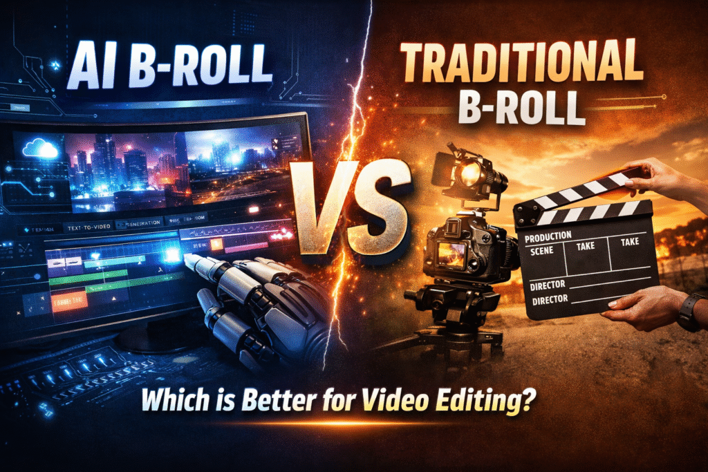 AI b roll generator vs traditional B-roll comparison showing automated video editing and cinematic footage production