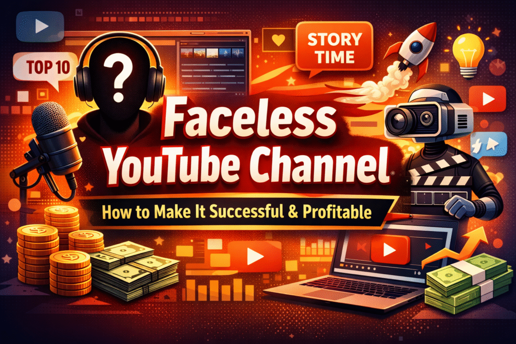 Faceless YouTube channel banner showing automation, AI tools, video editing, and monetization concepts for content creators.