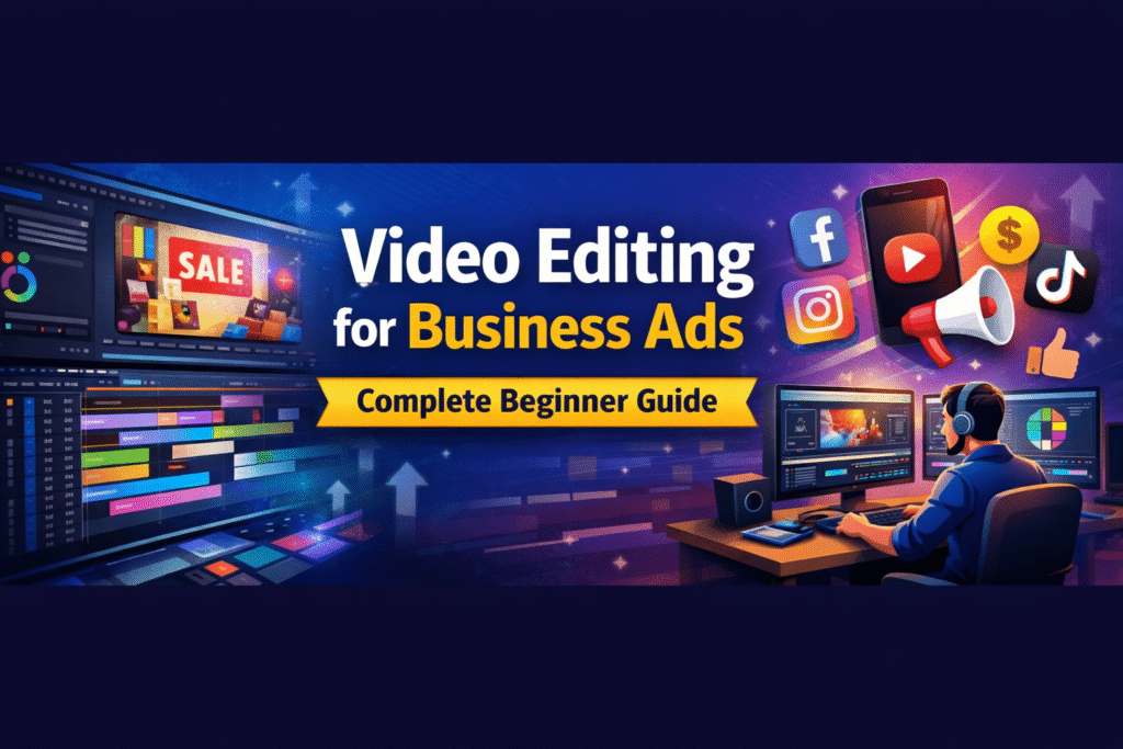 Video editing for business ads complete beginner guide banner showing high converting video ads, social media marketing editing workflow, and digital advertising design setup