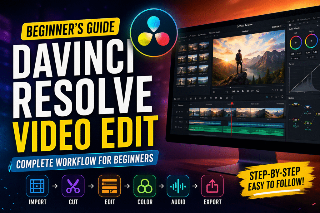 Beginner DaVinci Resolve video editing workflow tutorial showing timeline editing, color grading, and professional editing interface