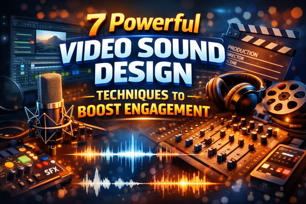 Banner showing a professional audio setup with microphone, headphones, mixing console, and video editing software, highlighting 7 powerful video sound design techniques for engagement.