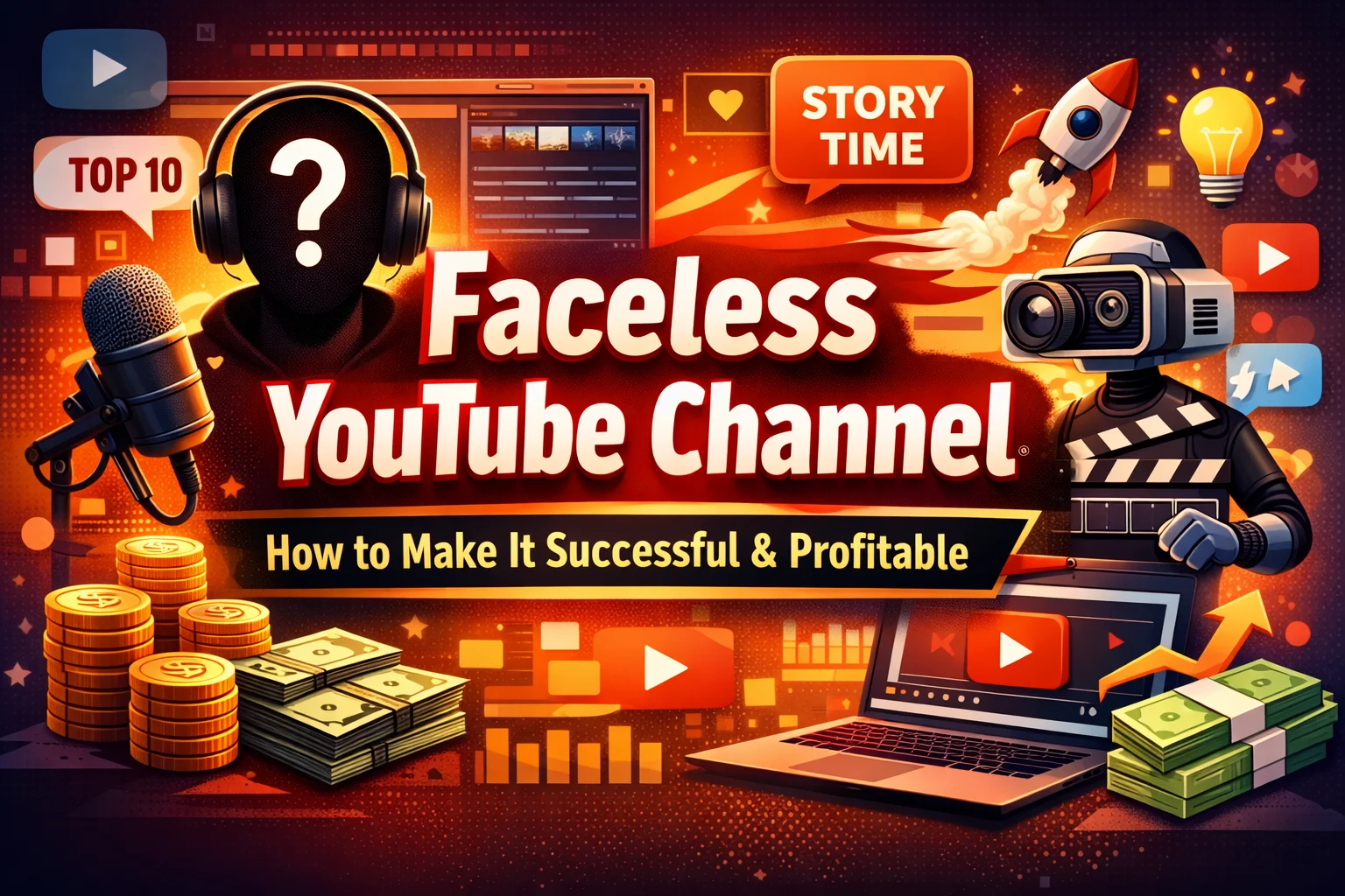Faceless YouTube channel banner showing automation, AI tools, video editing, and monetization concepts for content creators.