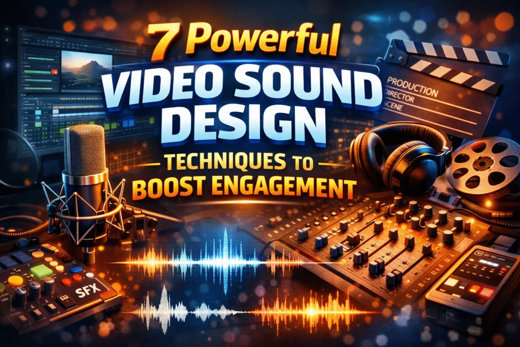 Banner showing a professional audio setup with microphone, headphones, mixing console, and video editing software, highlighting 7 powerful video sound design techniques for engagement.